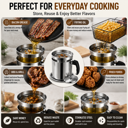 ✨ Stainless Steel Cooking Oil Filter Pot – Reusable Grease Storage Container with Fine Mesh Strainer