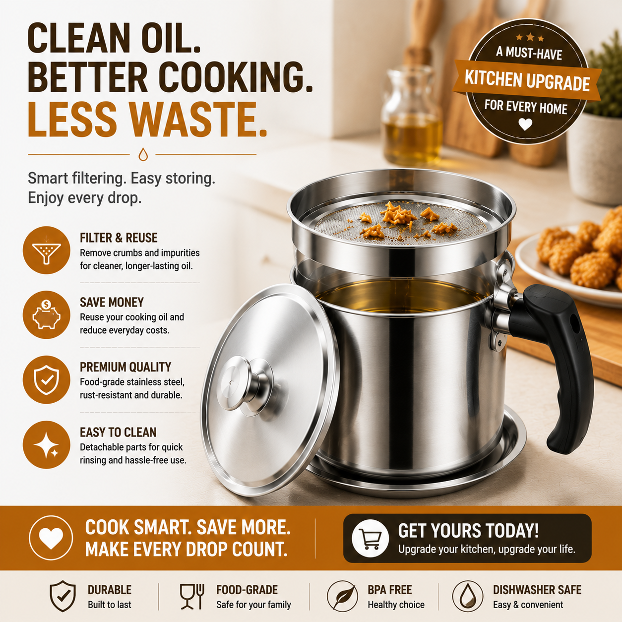 ✨ Stainless Steel Cooking Oil Filter Pot – Reusable Grease Storage Container with Fine Mesh Strainer