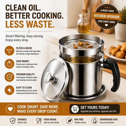 ✨ Stainless Steel Cooking Oil Filter Pot – Reusable Grease Storage Container with Fine Mesh Strainer