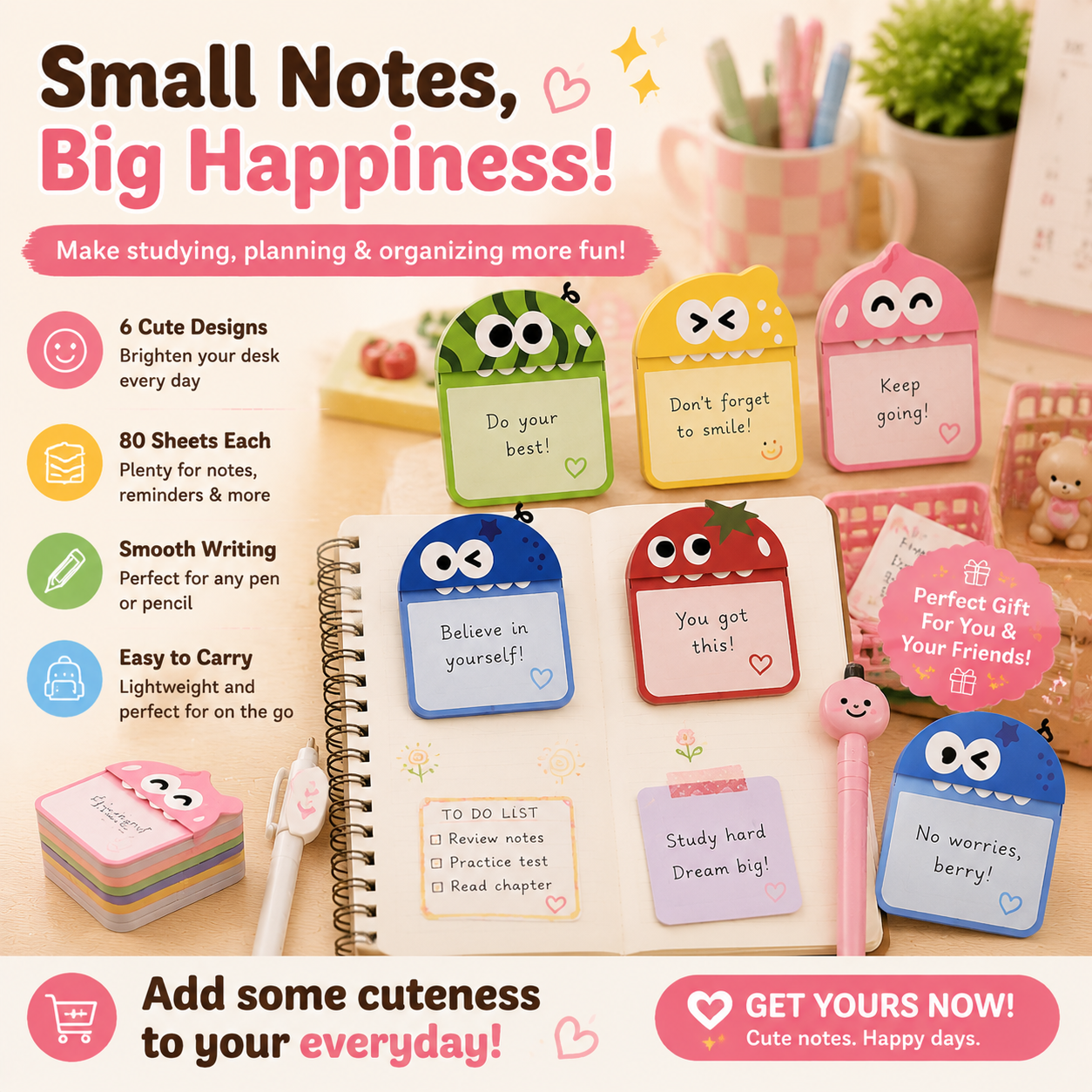 🌈 Cute Character Sticky Notes – Kawaii Memo Pads For Study, Journaling & Planning