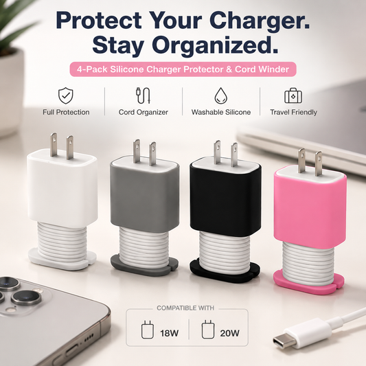 🔌 4-Pack Silicone Charger Protector & Cord Winder Set