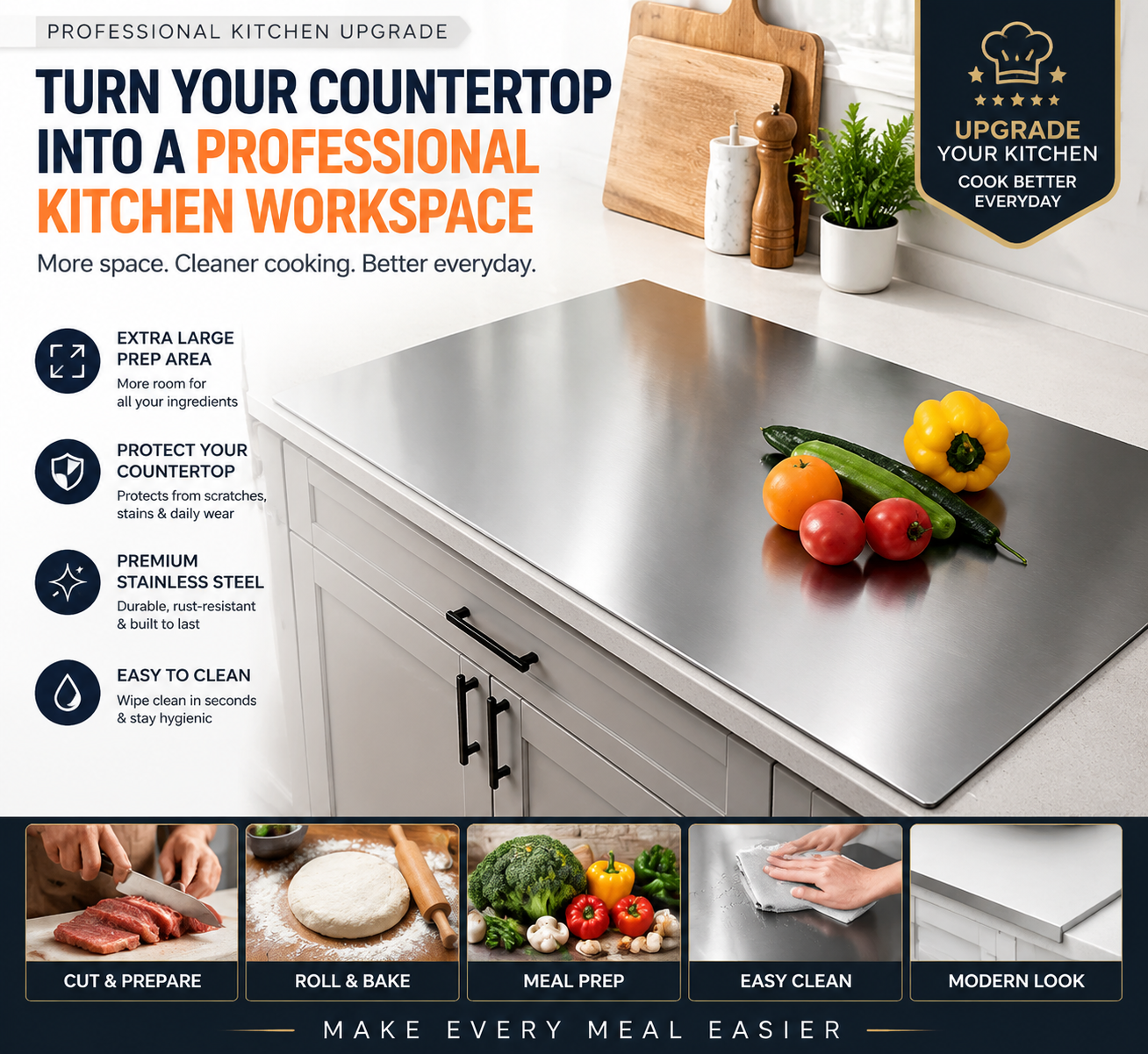 🔥 LAST DAY 50% OFF-🔪 Extra Large Stainless Steel Kitchen Countertop Board – Professional Prep Surface For Cutting, Baking & Cooking