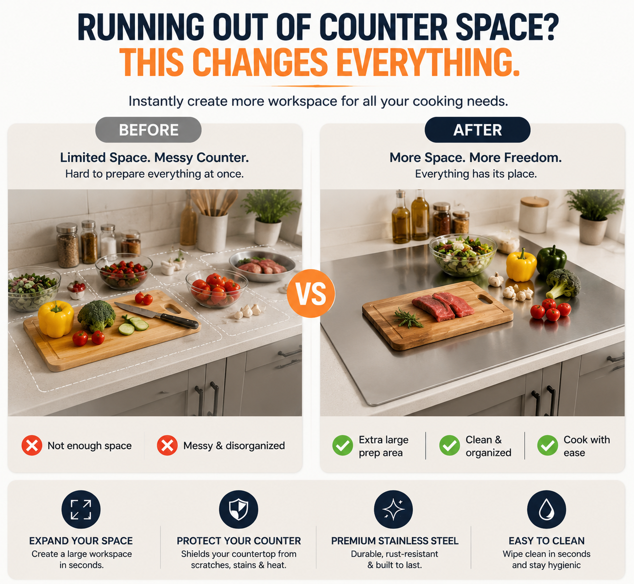 🔥 LAST DAY 50% OFF-🔪 Extra Large Stainless Steel Kitchen Countertop Board – Professional Prep Surface For Cutting, Baking & Cooking