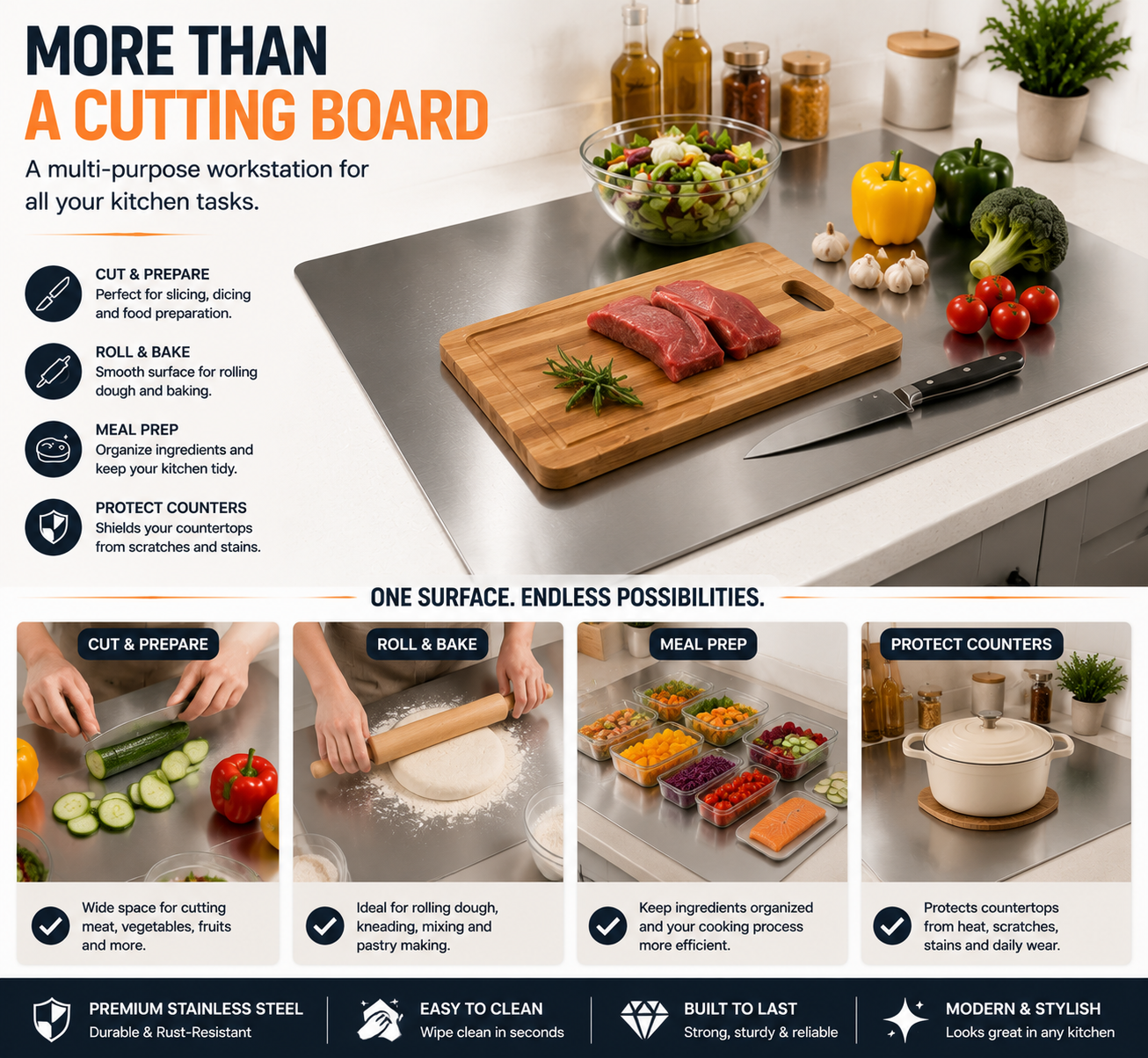 🔥 LAST DAY 50% OFF-🔪 Extra Large Stainless Steel Kitchen Countertop Board – Professional Prep Surface For Cutting, Baking & Cooking
