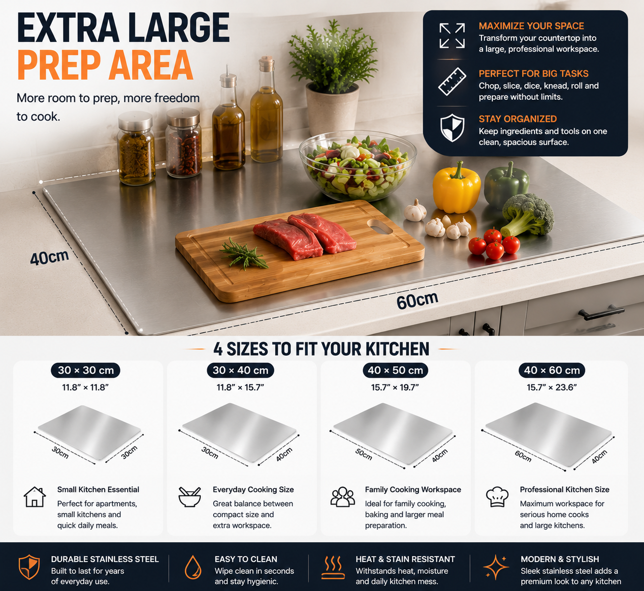 🔥 LAST DAY 50% OFF-🔪 Extra Large Stainless Steel Kitchen Countertop Board – Professional Prep Surface For Cutting, Baking & Cooking