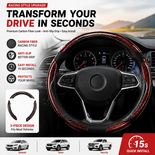 🔥 3-Piece Carbon Fiber Steering Wheel Cover – 15s Racing Style Interior Upgrade & Anti-Slip Grip