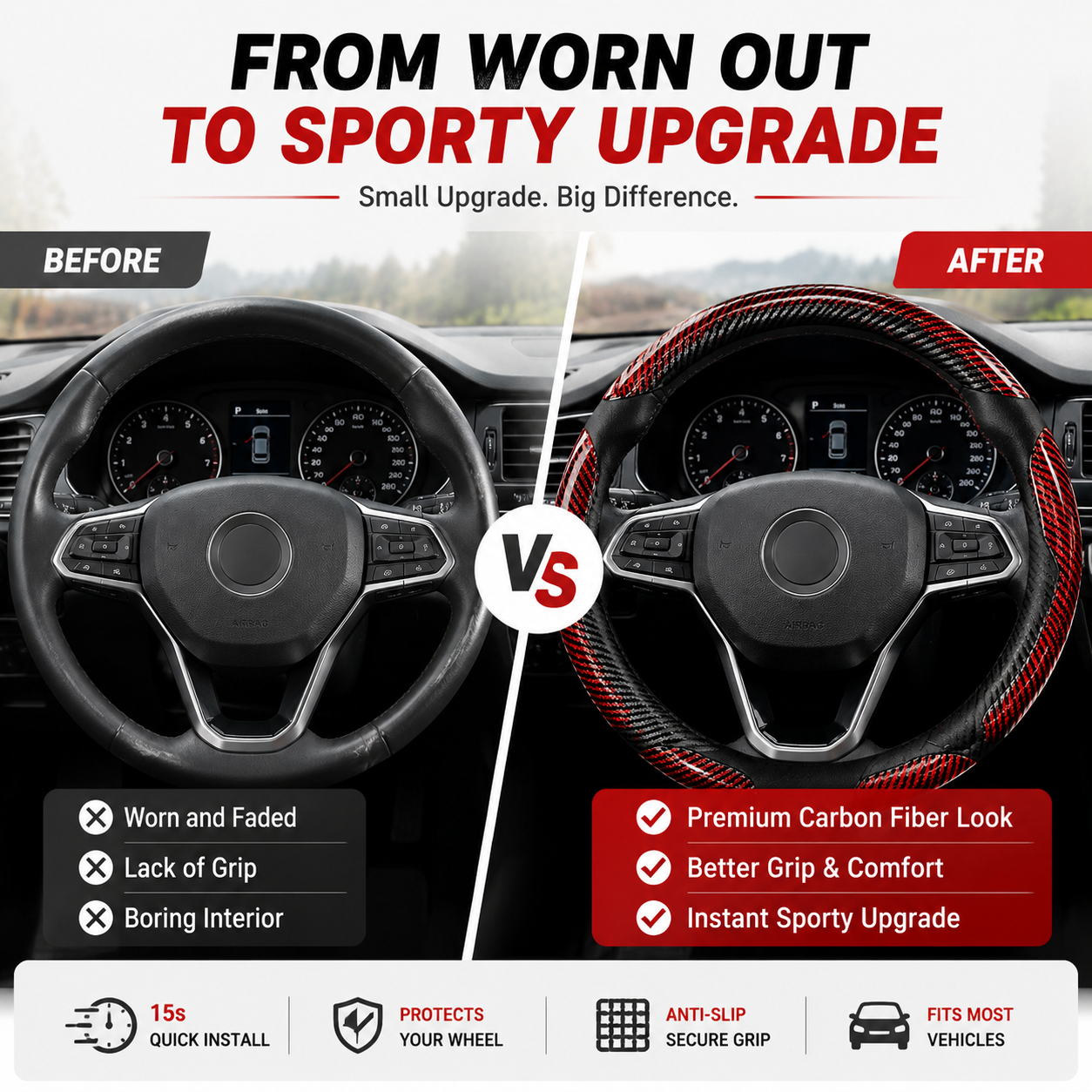 🔥 3-Piece Carbon Fiber Steering Wheel Cover – 15s Racing Style Interior Upgrade & Anti-Slip Grip