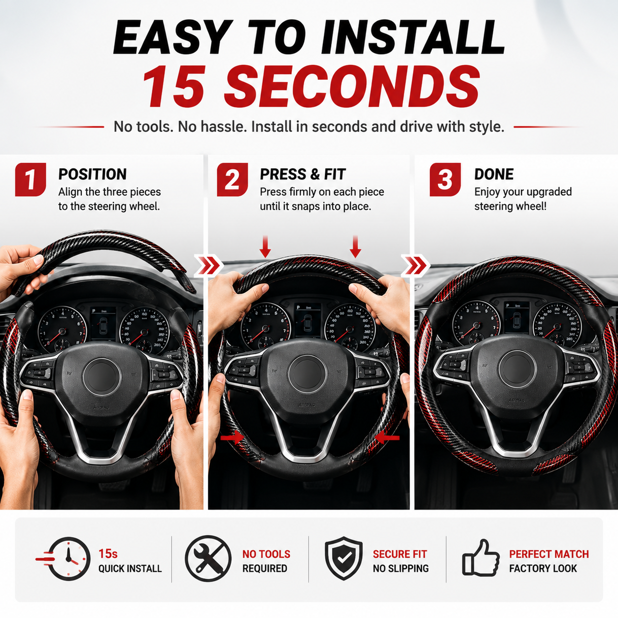 🔥 3-Piece Carbon Fiber Steering Wheel Cover – 15s Racing Style Interior Upgrade & Anti-Slip Grip