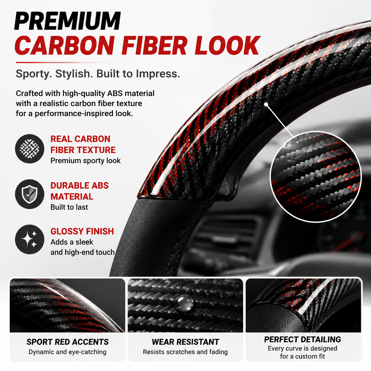 🔥 3-Piece Carbon Fiber Steering Wheel Cover – 15s Racing Style Interior Upgrade & Anti-Slip Grip