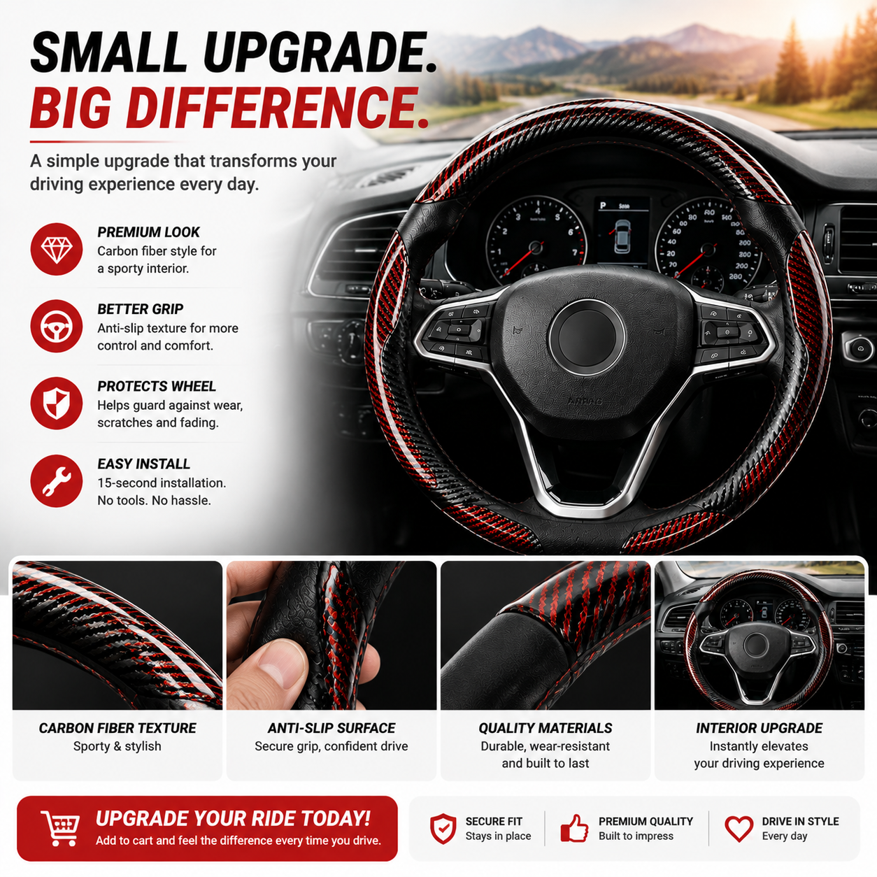🔥 3-Piece Carbon Fiber Steering Wheel Cover – 15s Racing Style Interior Upgrade & Anti-Slip Grip