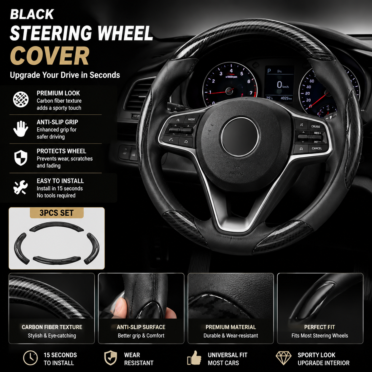 🔥 3-Piece Carbon Fiber Steering Wheel Cover – 15s Racing Style Interior Upgrade & Anti-Slip Grip