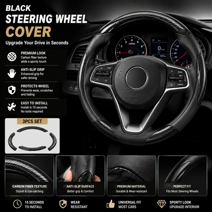 🔥 3-Piece Carbon Fiber Steering Wheel Cover – 15s Racing Style Interior Upgrade & Anti-Slip Grip