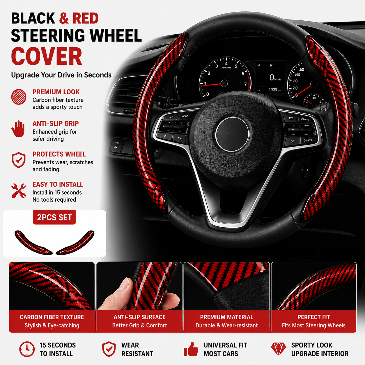 🔥 3-Piece Carbon Fiber Steering Wheel Cover – 15s Racing Style Interior Upgrade & Anti-Slip Grip