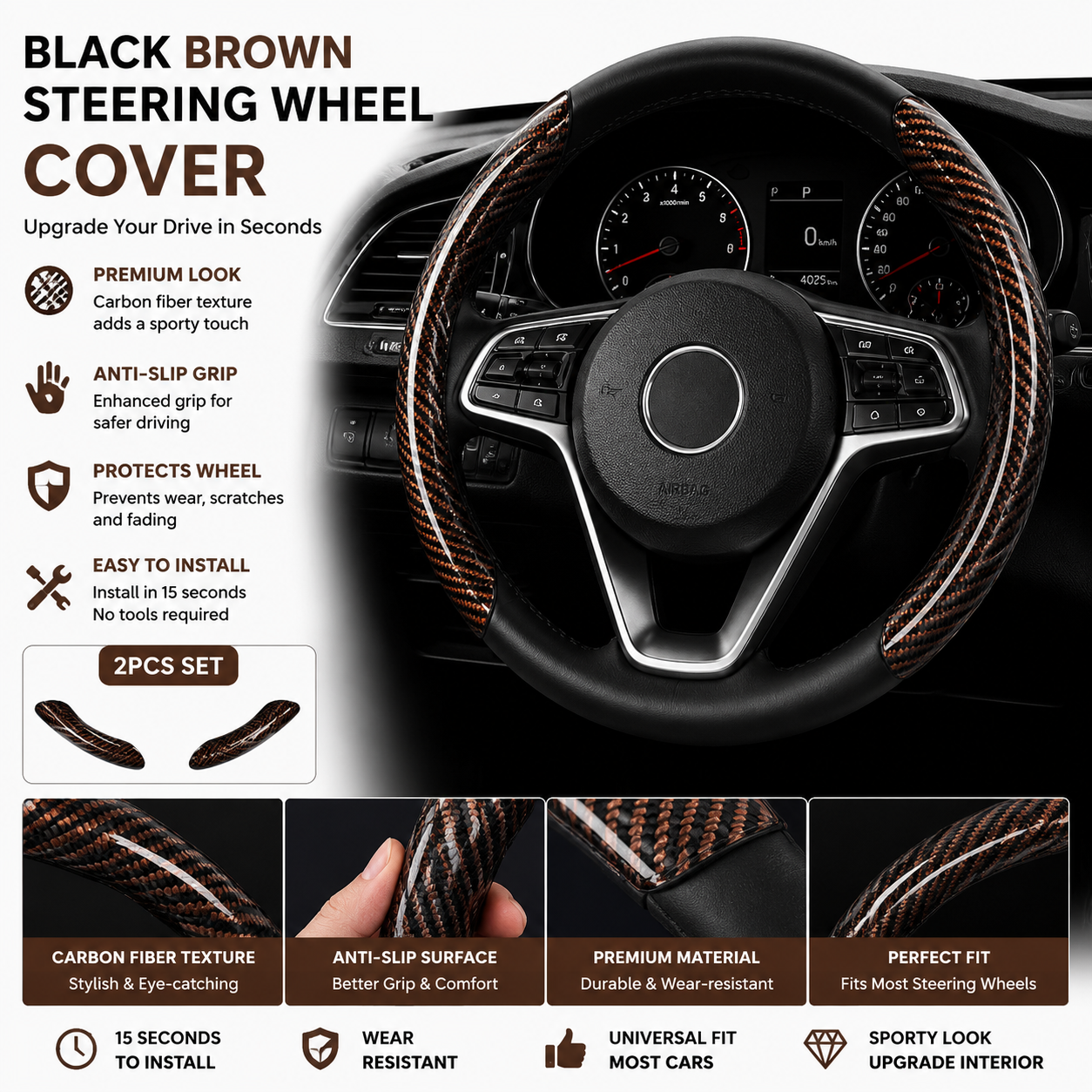 🔥 3-Piece Carbon Fiber Steering Wheel Cover – 15s Racing Style Interior Upgrade & Anti-Slip Grip