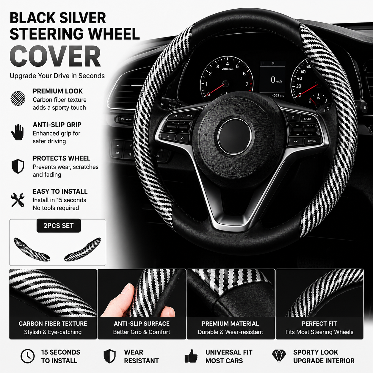🔥 3-Piece Carbon Fiber Steering Wheel Cover – 15s Racing Style Interior Upgrade & Anti-Slip Grip