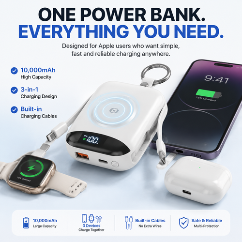 🔥 LAST DAY 50% OFF-🔋 3-in-1 Magnetic Power Bank 10000mAh – Portable Charger for iPhone, Apple Watch & AirPods