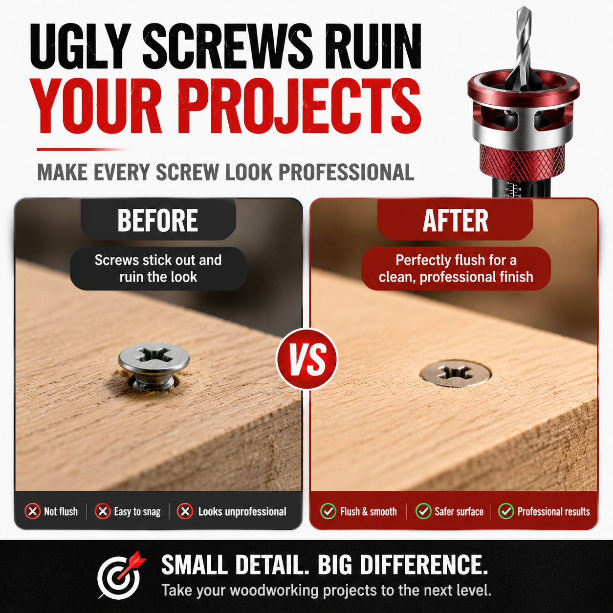 Before and after comparison of a raised screw and a clean flush countersunk screw