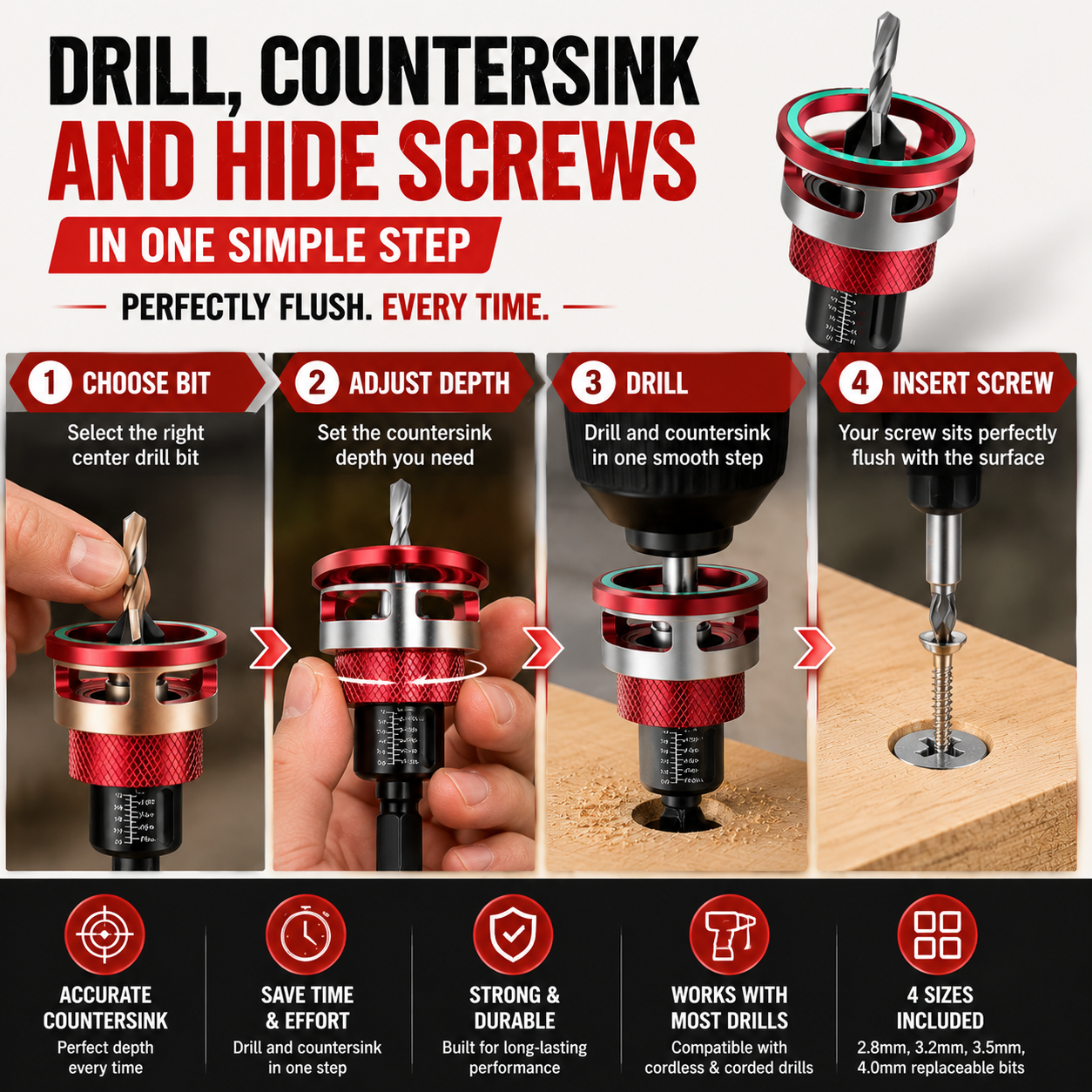 Four steps showing how to choose a bit, adjust depth, drill and insert the screw