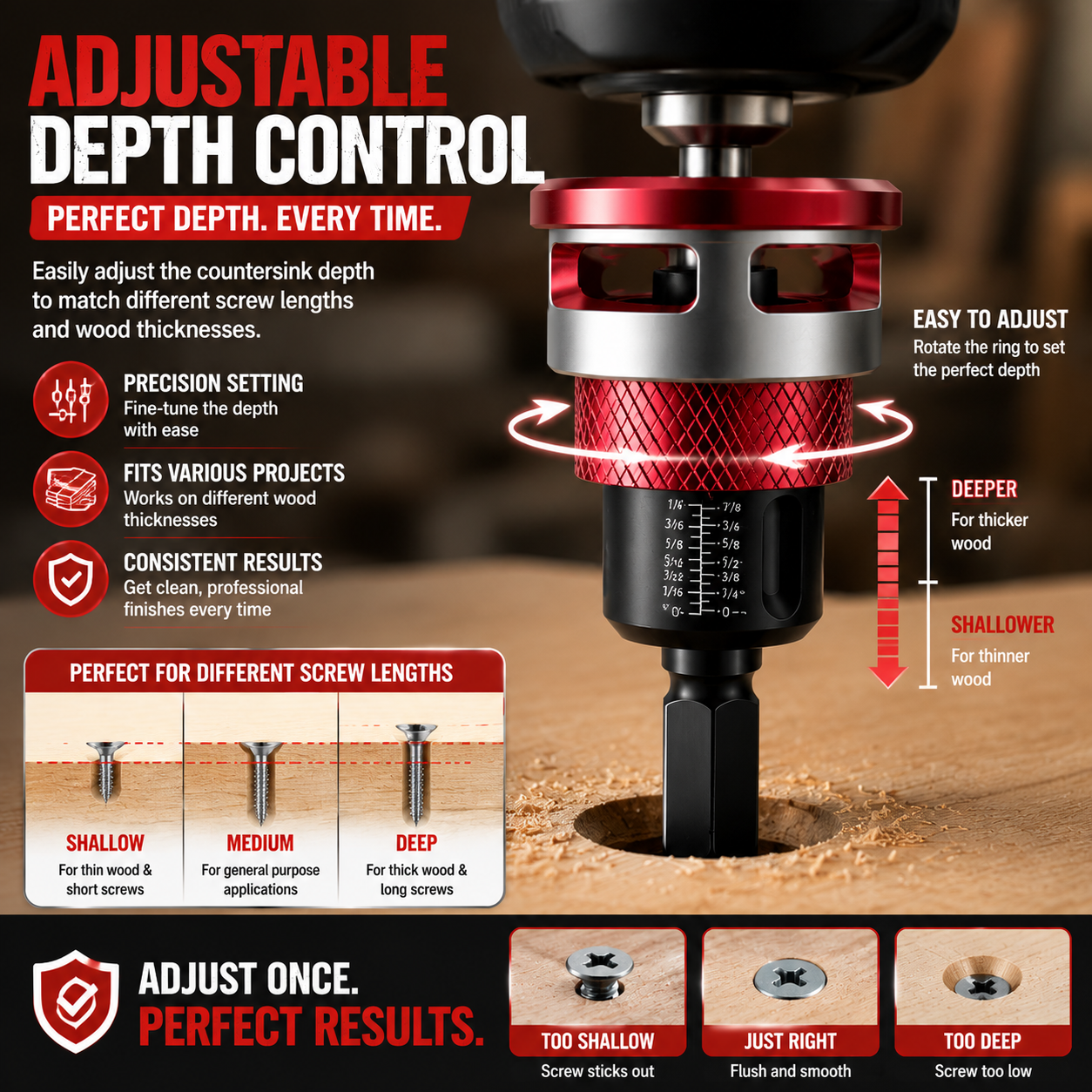 Adjustable depth collar for shallow medium and deep countersink settings