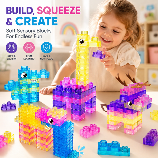 🧩 Soft Jelly Building Blocks – Sensory STEM Toy for Kids, Squishy Stretchable Bath Blocks (40PCS)