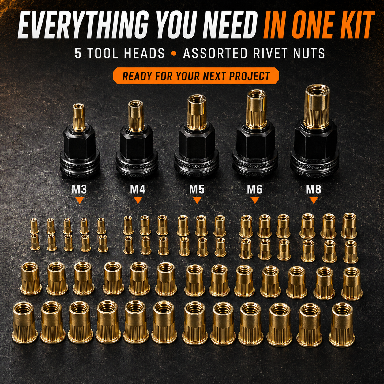Complete five size rivet nut tool head kit with assorted inserts