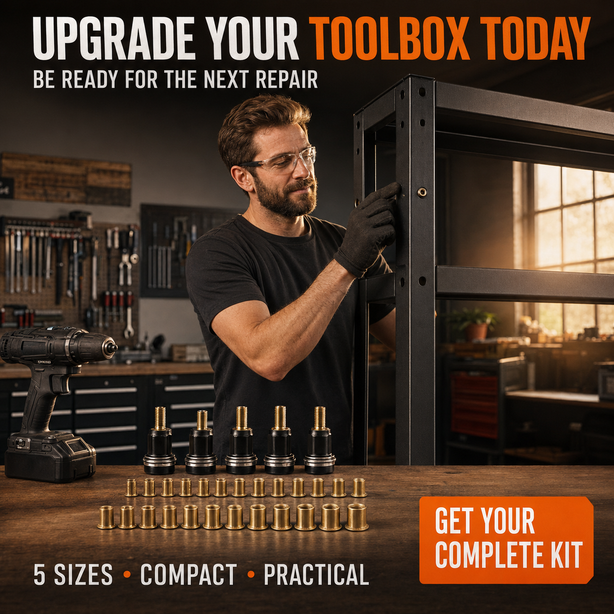Rivet nut tool kit used for workshop shelving repair