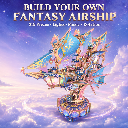 ✨ DIY Fantasy Airship 3D Wooden Puzzle – 519-Piece Rotating Music Box with Colorful Lights