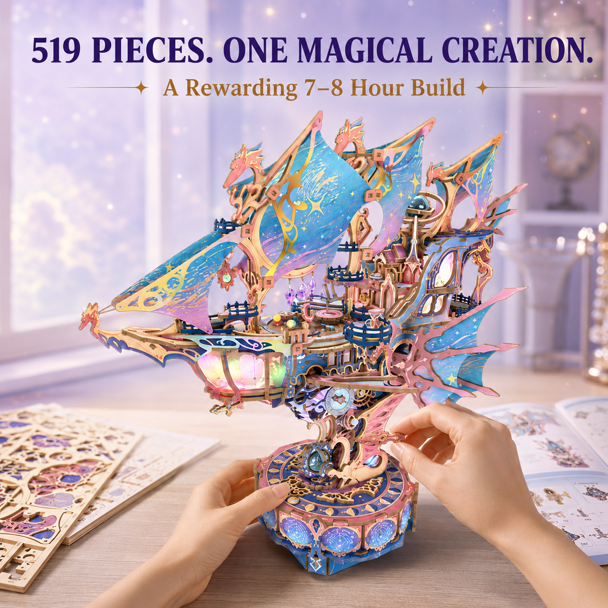 ✨ DIY Fantasy Airship 3D Wooden Puzzle – 519-Piece Rotating Music Box with Colorful Lights
