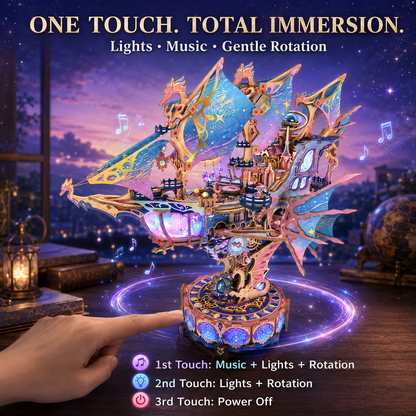✨ DIY Fantasy Airship 3D Wooden Puzzle – 519-Piece Rotating Music Box with Colorful Lights