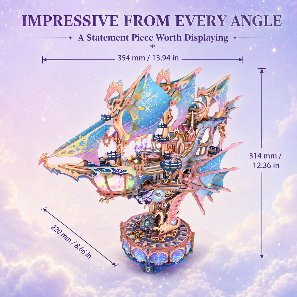 ✨ DIY Fantasy Airship 3D Wooden Puzzle – 519-Piece Rotating Music Box with Colorful Lights