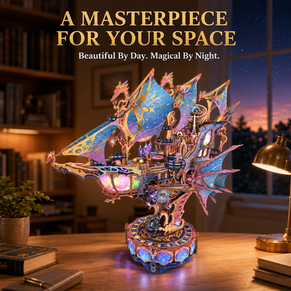 ✨ DIY Fantasy Airship 3D Wooden Puzzle – 519-Piece Rotating Music Box with Colorful Lights