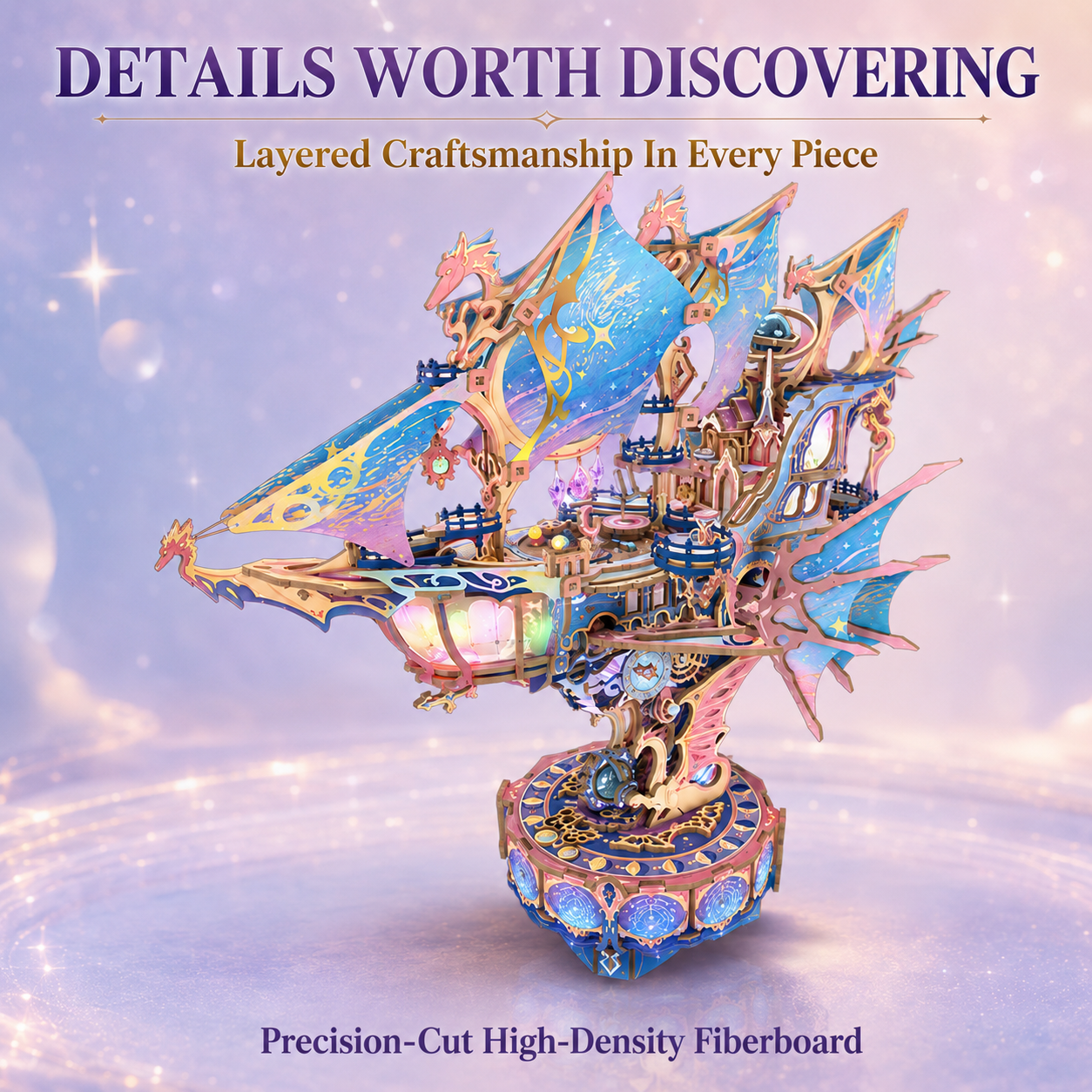 ✨ DIY Fantasy Airship 3D Wooden Puzzle – 519-Piece Rotating Music Box with Colorful Lights