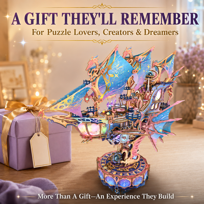 ✨ DIY Fantasy Airship 3D Wooden Puzzle – 519-Piece Rotating Music Box with Colorful Lights