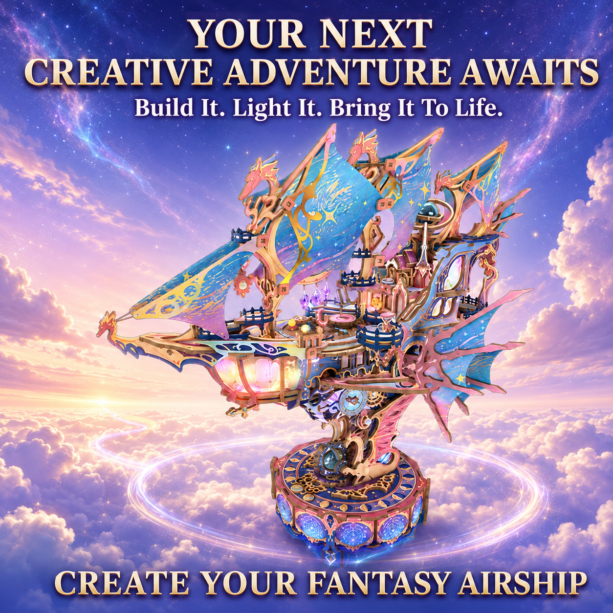 ✨ DIY Fantasy Airship 3D Wooden Puzzle – 519-Piece Rotating Music Box with Colorful Lights