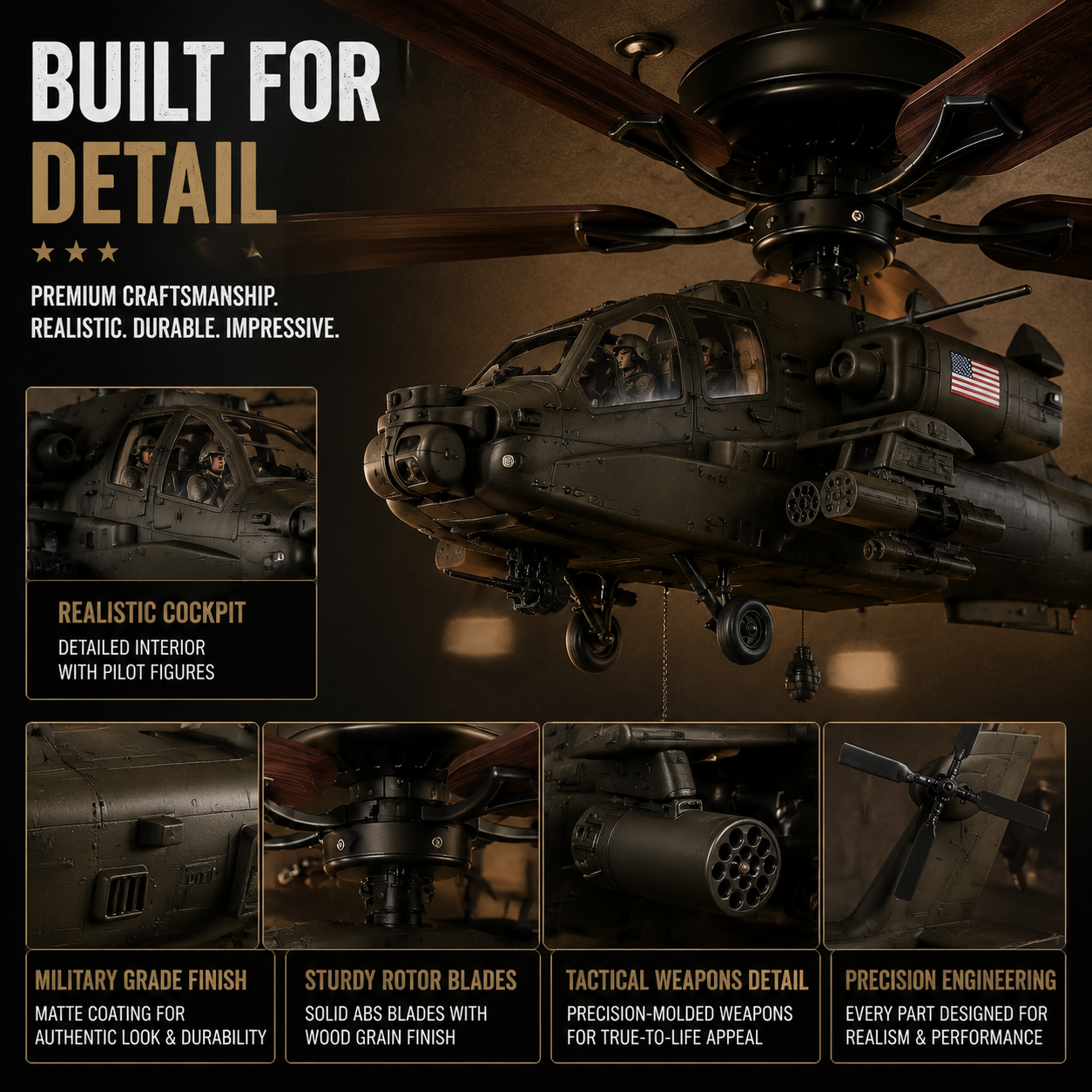 🚁 Military Helicopter Ceiling Fan Decor – Realistic Hanging Ornament for Man Cave & Home.