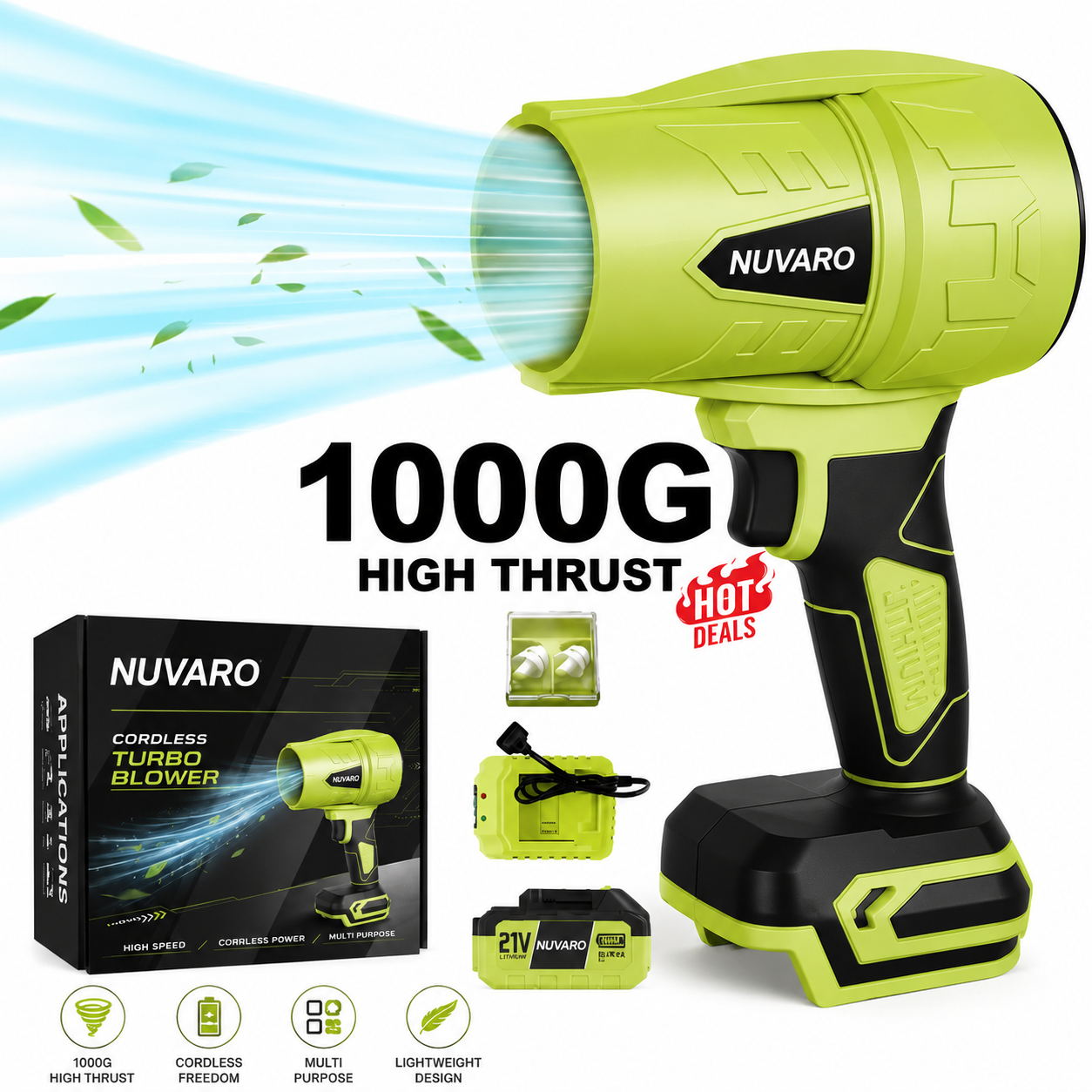 ⚡ NUVARO Turbo Jet Blower – Powerful Cordless Air Duster with 1000G High Thrust, 21V Battery, Leaf Blower & Car Dryer Tool