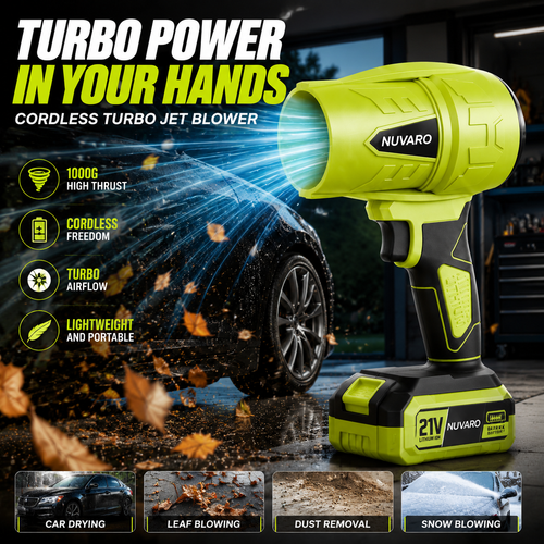 ⚡ NUVARO Turbo Jet Blower – Powerful Cordless Air Duster with 1000G High Thrust, 21V Battery, Leaf Blower & Car Dryer Tool