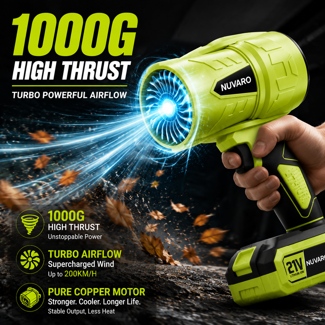 ⚡ NUVARO Turbo Jet Blower – Powerful Cordless Air Duster with 1000G High Thrust, 21V Battery, Leaf Blower & Car Dryer Tool