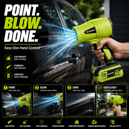 ⚡ NUVARO Turbo Jet Blower – Powerful Cordless Air Duster with 1000G High Thrust, 21V Battery, Leaf Blower & Car Dryer Tool