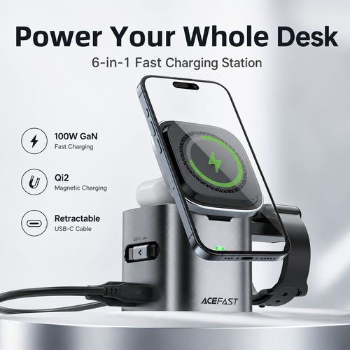 ⚡ 6-in-1 100W GaN Charging Station – 25W Qi2 Magnetic Charger & Retractable USB-C Cable