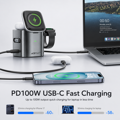 ⚡ 6-in-1 100W GaN Charging Station – 25W Qi2 Magnetic Charger & Retractable USB-C Cable