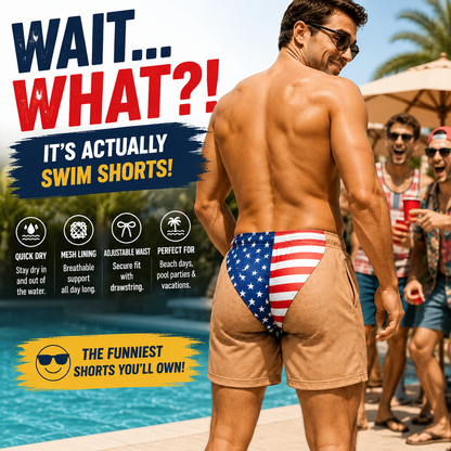 😂🇺🇸 Funny Illusion American Flag Swim Shorts – Double Take Patriotic Beach Shorts for Men 🌊