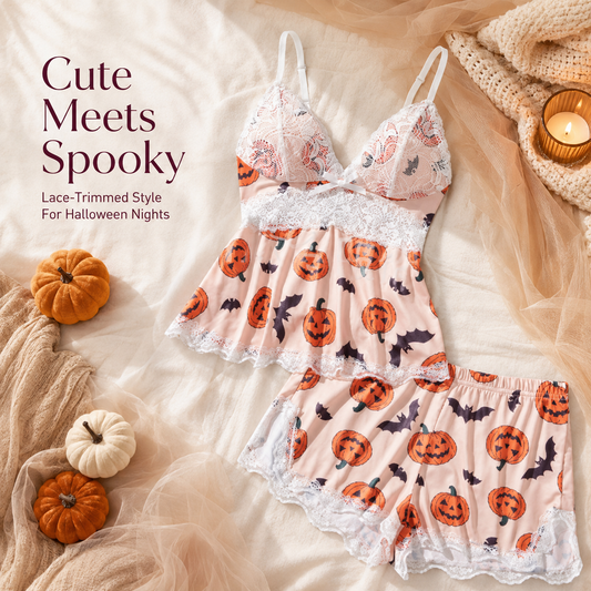🎃 Halloween Pumpkin Lace Pajama Set | 2-Piece Sleepwear
