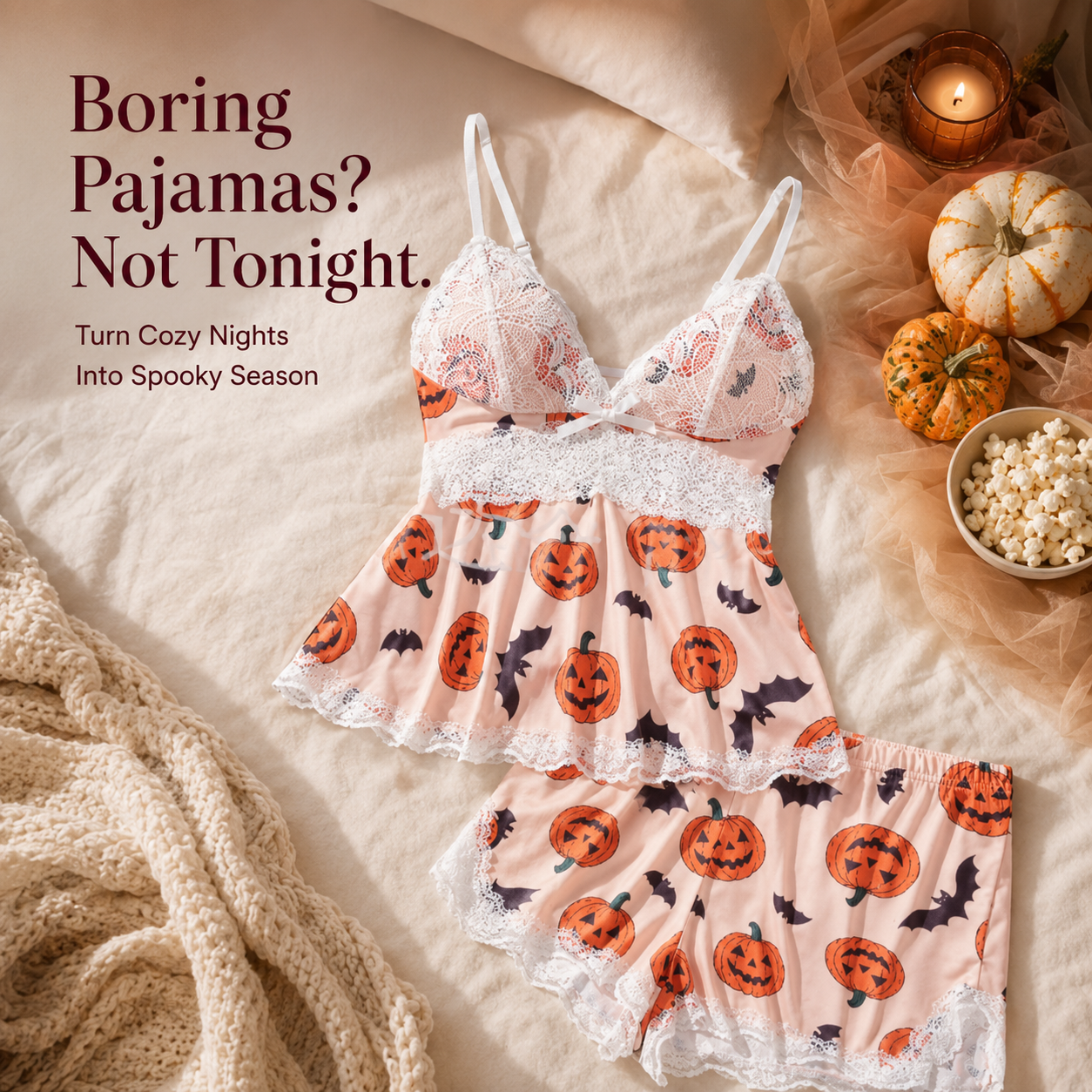 🎃 Halloween Pumpkin Lace Pajama Set | 2-Piece Sleepwear