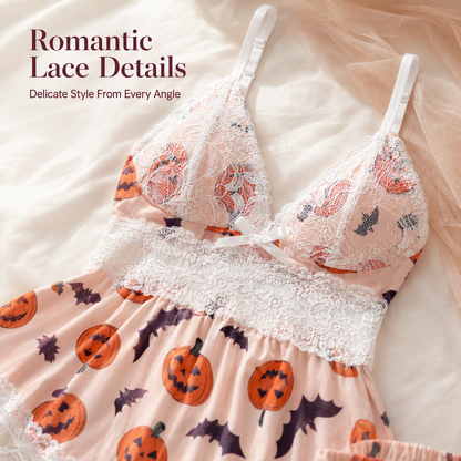 🎃 Halloween Pumpkin Lace Pajama Set | 2-Piece Sleepwear