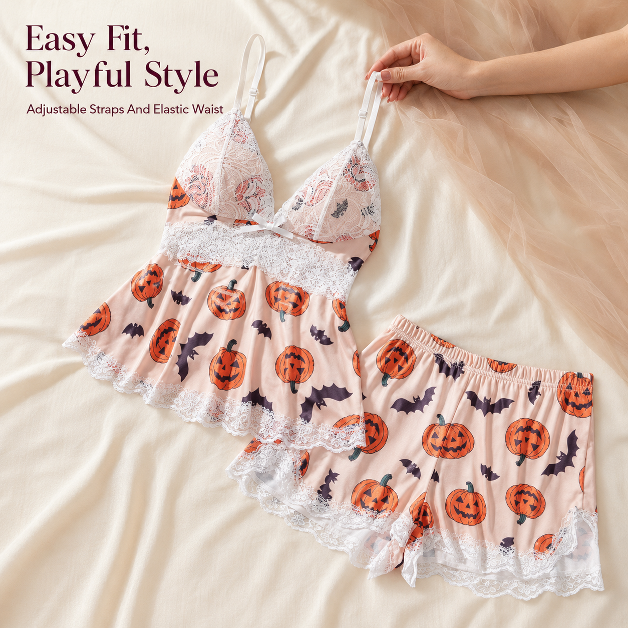 🎃 Halloween Pumpkin Lace Pajama Set | 2-Piece Sleepwear
