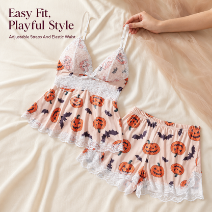 🎃 Halloween Pumpkin Lace Pajama Set | 2-Piece Sleepwear