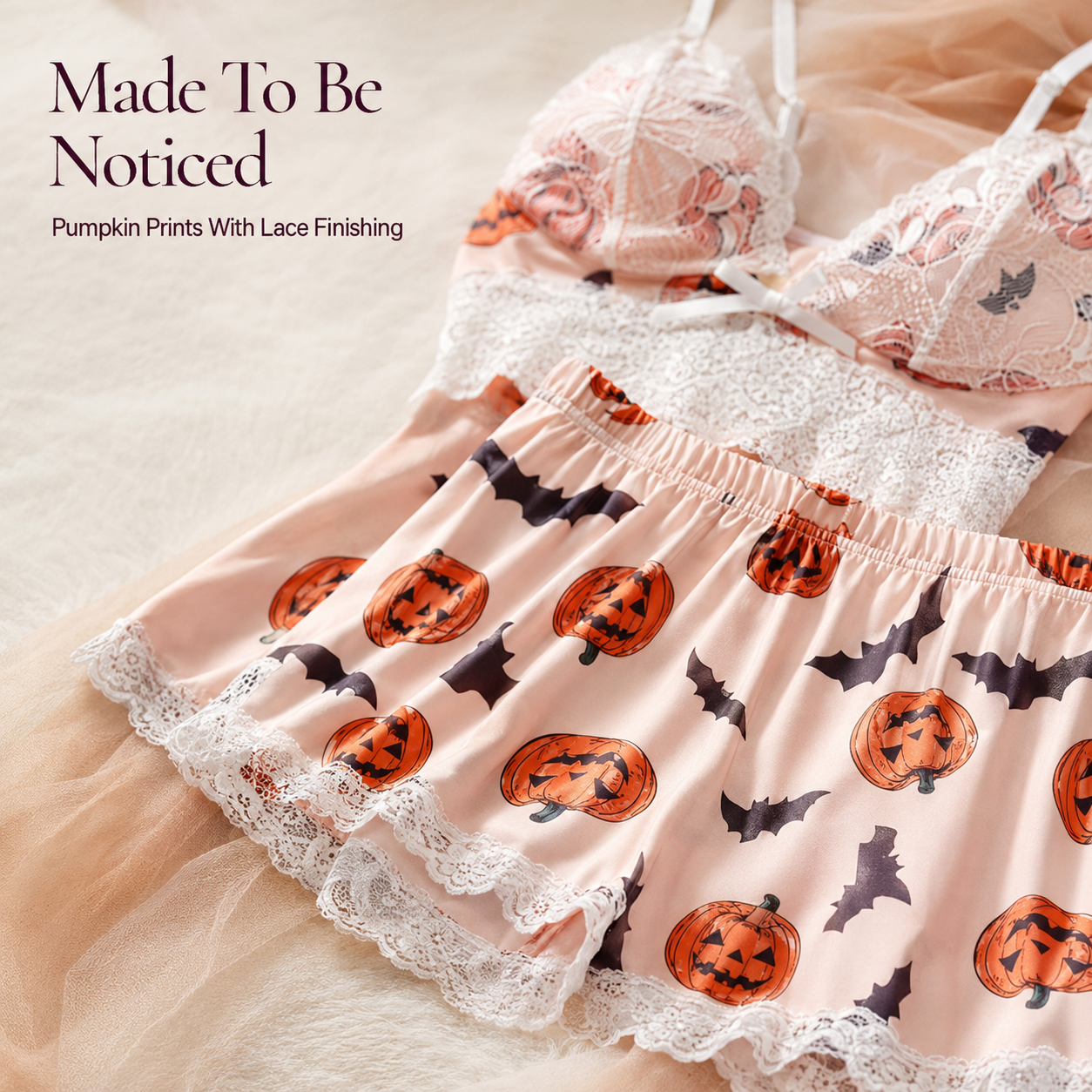 🎃 Halloween Pumpkin Lace Pajama Set | 2-Piece Sleepwear