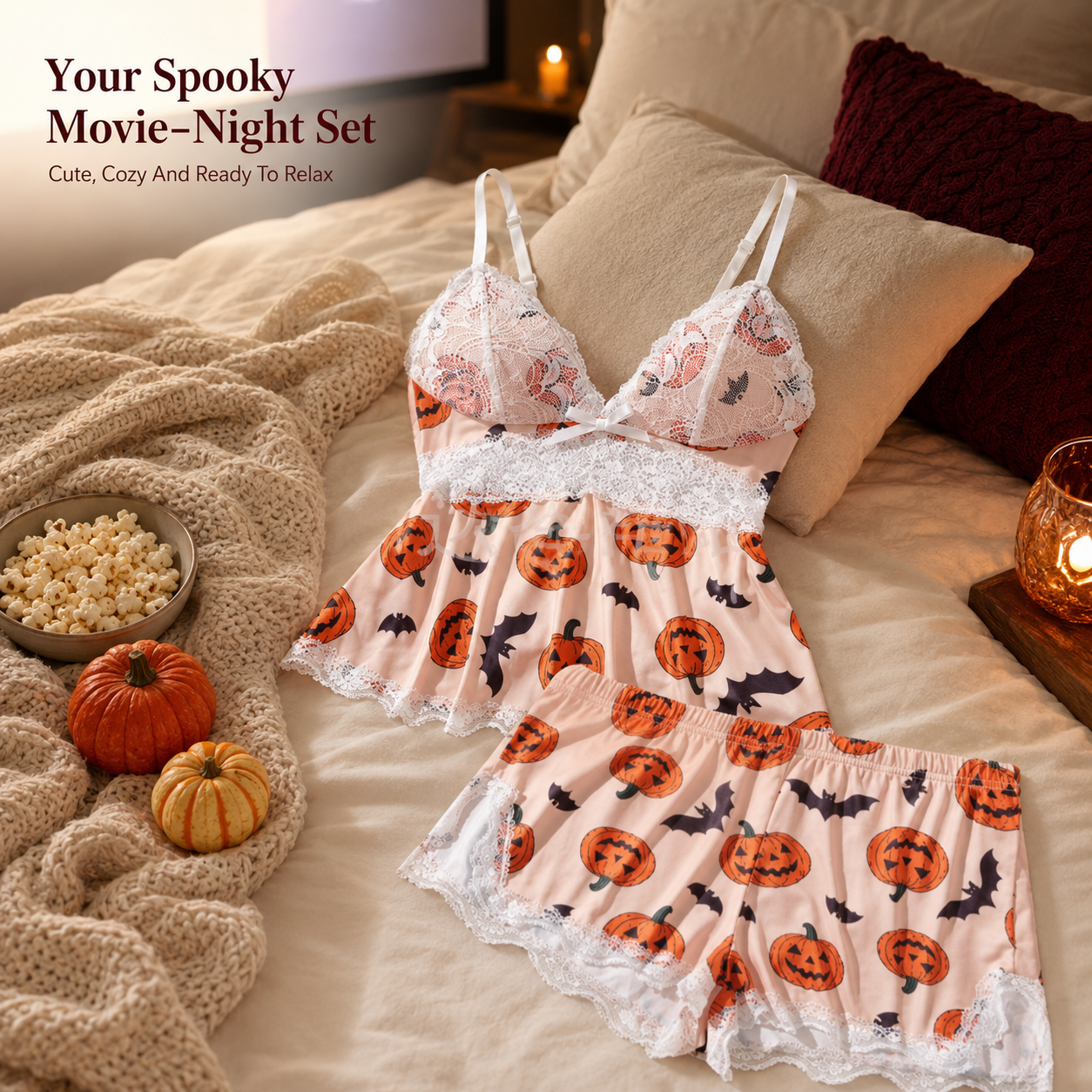 🎃 Halloween Pumpkin Lace Pajama Set | 2-Piece Sleepwear
