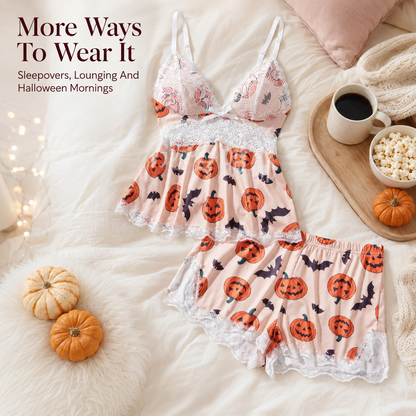 🎃 Halloween Pumpkin Lace Pajama Set | 2-Piece Sleepwear